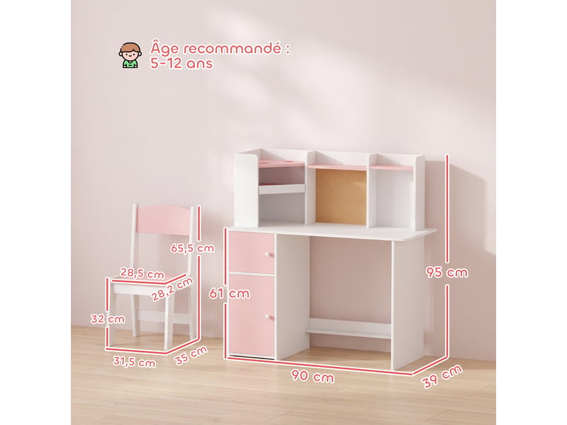 Bureau enfant avec chaise, table d'étude, support de tablette réglable, porte-stylos, 5-12 ans, panneau en liège, rose - Conforama C