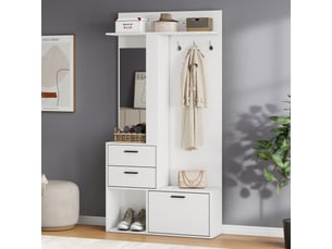 Garde-robe d'entrée 90x30x180 cm blanche avec banc à chaussures, miroir, 2 tiroirs, 3 crochets et étagères