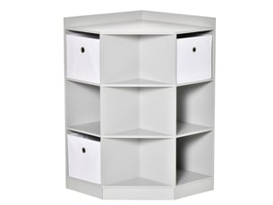 Étagère d’angle enfant 57,4 x 57,4 x 94 cm – gris – 9 compartiments, 3 bacs et plateau supérieur