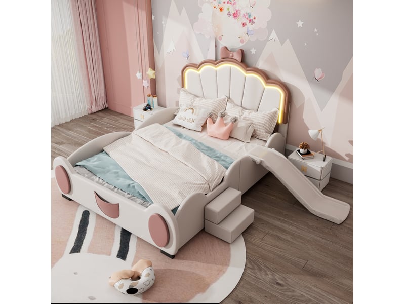  Lit enfant 140x200 cm avec toboggan et éclairage led, polyuréthane (pu) et mdf, rose et blanc sans matelas  - Conforama B