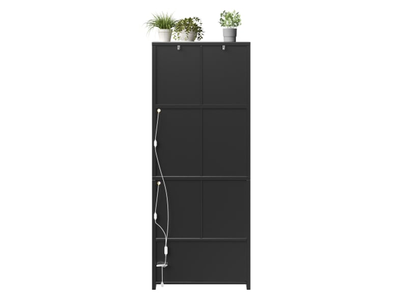  Buffet haut noir avec portes vitrées bombées, led via app, étagères ajustables, porte-bouteilles, usb – séjour  - Conforama E