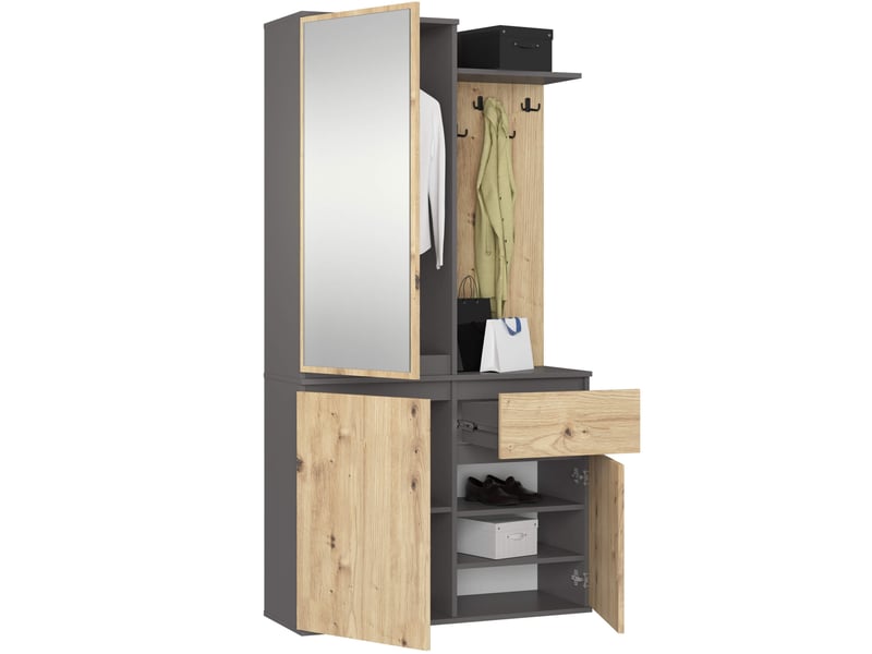 Ensemble de meubles d'entrée entro gris graphite, chêne artisan avec armoire et miroir 95 cm 3 portes 1 tiroir 7 étagères 95x35x183 cm Ensemble d'entrée ENTRO - Conforama B