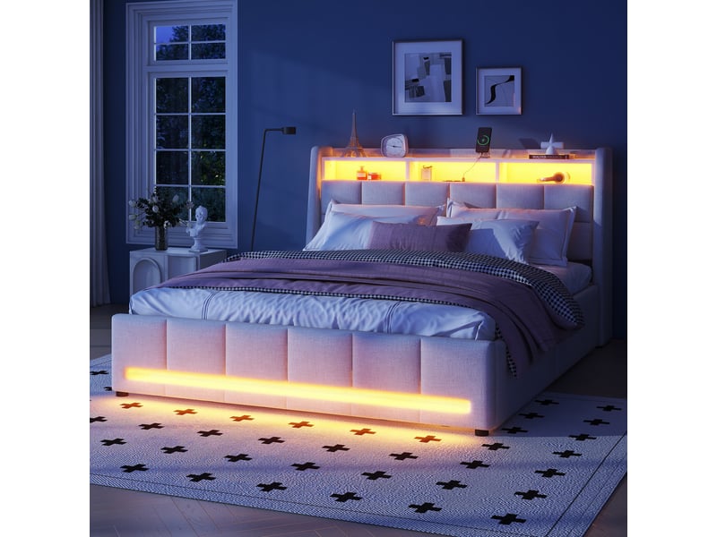  Lit coffre 140x200 cm lin beige – rangements, led intégrée, ports usb et télécommande  - Conforama E