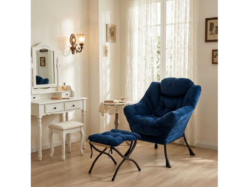 Fauteuil relax avec repose-pied, accoudoirs et poche latérale, en tissu et métal bleu foncé - Conforama E