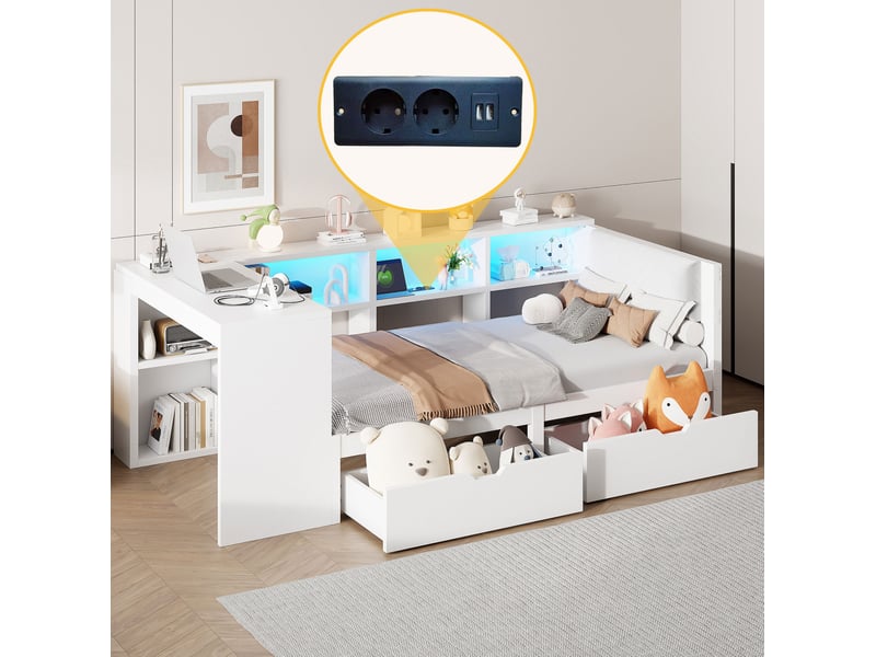  Lit enfant tiroirs 90x200cm station charge intégrée éclairage led tête rembourrée mdf, tissu lin blanc sans matelas  - Conforama D