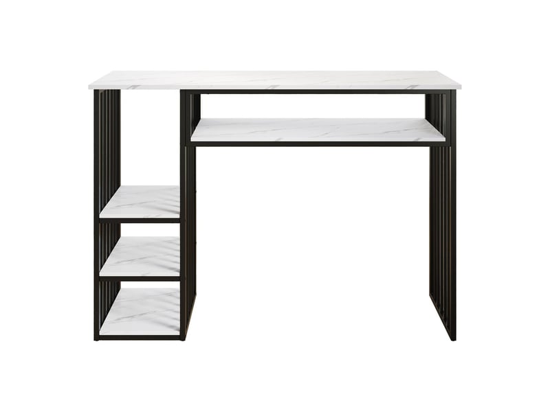  Table de cuisine 140 x 40 x 105 cm rangement intégré 3 compartiments de rangement plateau en mdf effet marbre structure en métal noir format table haute  - Conforama A
