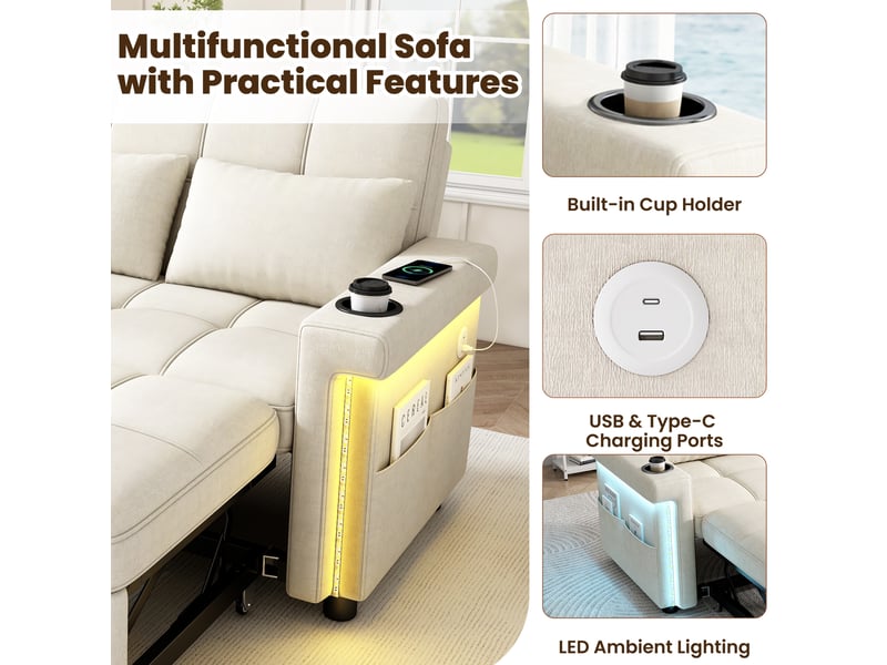 Canapé convertible 2 places en tissu chenille beige, canapé-lit multifonction avec éclairage led et ports usb pour salon et chambre d'amis - Conforama D