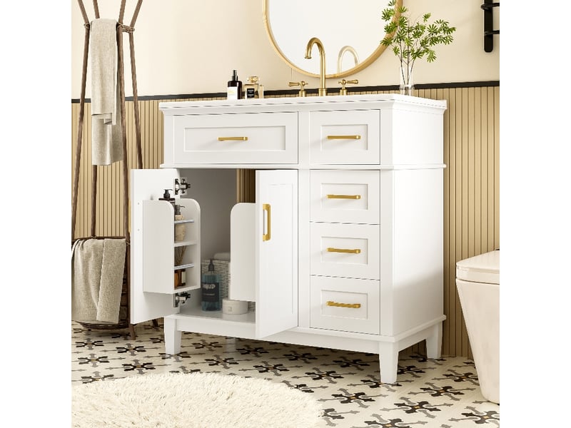  Meuble salle de bain sur pied blanc laqué 90 cm avec vasque en céramique intégrée et poignées dorées  - Conforama C
