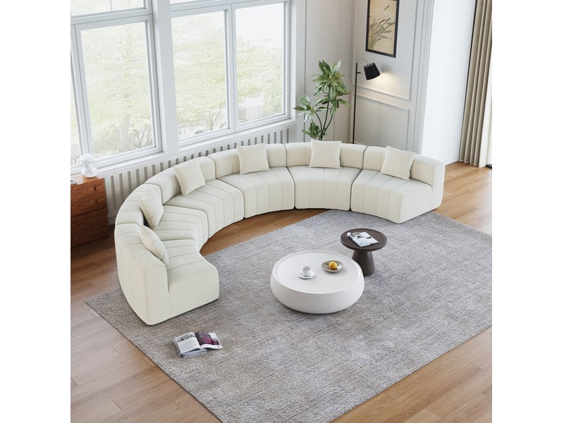  Canapé modulaire semi-circulaire 6 places avec 2 coussins, assise style touches de piano en chenille beige  - Conforama B