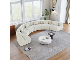 Canapé modulaire semi-circulaire 6 places avec 2 coussins, assise style touches de piano en chenille beige