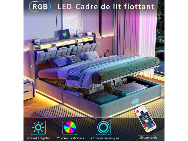  Lit rembourré 140 x 200 cm avec rangement, lit double avec éclairage led et port usb, lit hydraulique avec tête de lit et sommier à lattes, lit pour adolescent, velours, gris 240822HGY0502#ADa0kHWyxjDELLM - Conforama D