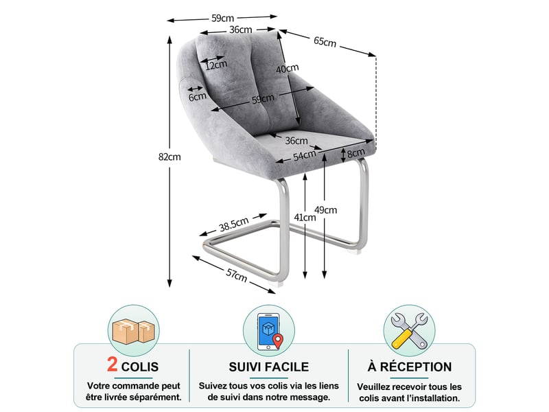  Chaise de salle à manger lot de 4 ergonomiques avec dossier enveloppant, structure en métal et velours gris  - Conforama D