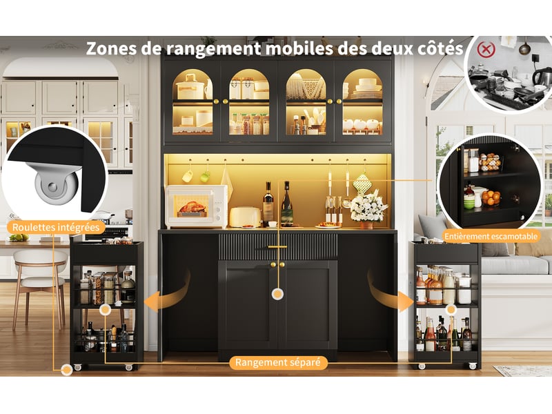  Buffet haut de cuisine, coloris noir, 120 × 40 × 187 cm, mdf, métal et verre, led rgb pilotable par application  - Conforama C