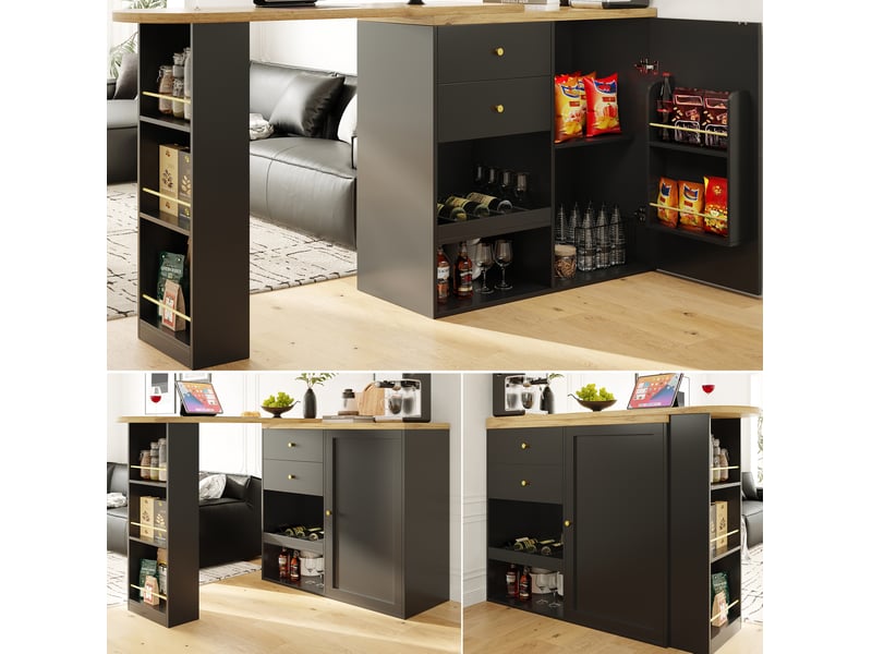  Bar de cuisine rotatif noir en mdf, 2 tiroirs, porte coulissante et étagères  - Conforama E