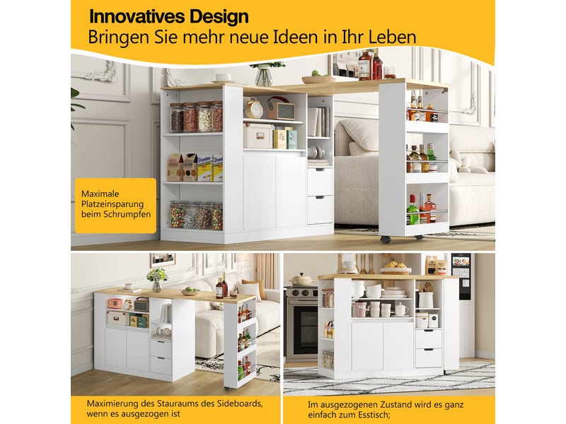  Îlot de cuisine avec plan de travail extensible 115cm mdf blancnaturel  - Conforama W