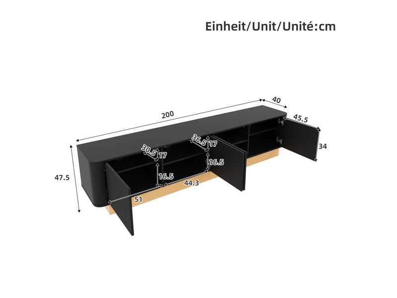  Meuble tv ulevr 200 cm 4 portes, étagères réglables, mdf noir et socle doré  - Conforama C