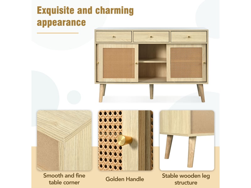  Buffet avec 3 tiroirs et 3 portes coulissantes en mdf, étagères réglables, 120×40×78 cm chêne  - Conforama C