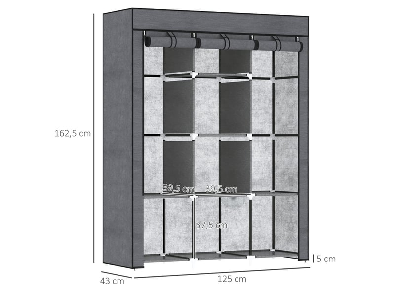  Armoire dressing tcqpz en tissu 125 x 43 x 162,5 cm gris avec 2 barres de penderie et 8 étagères  - Conforama C