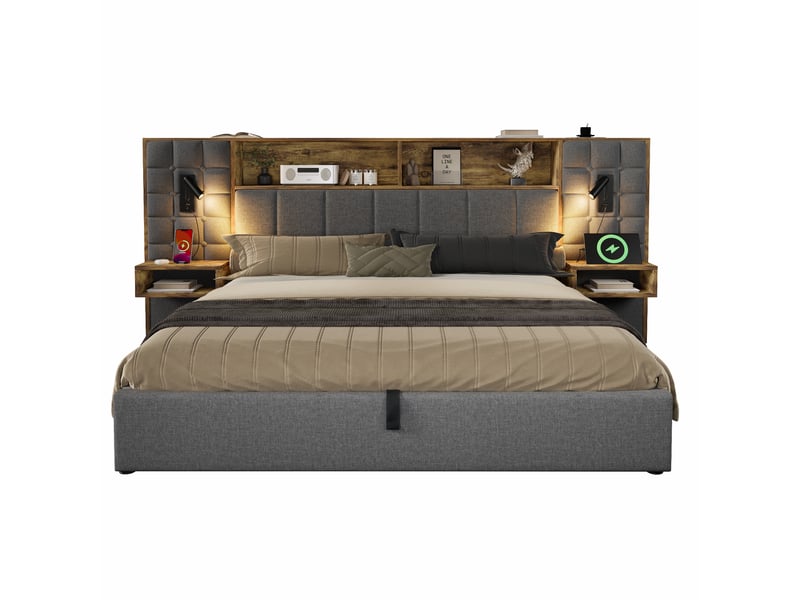  Lit coffre 180x200 cm - rangement hydraulique, tête de lit avec liseuses led, usb et type-c, chevets intégrés, tissu lin gris  - Conforama A