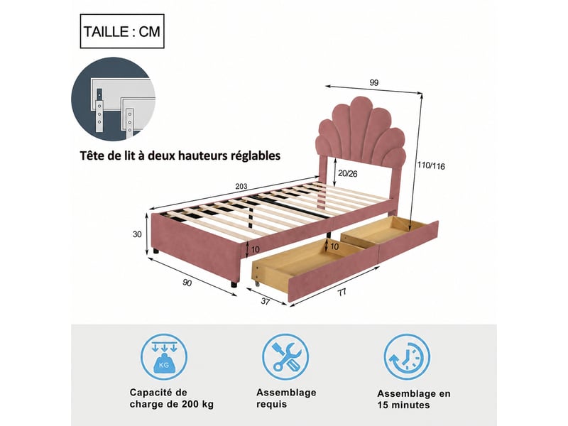  Lit enfant, lit simple 90x200 cm en velours rose avec 2 tiroirs et dossier à pétales, sans matelas  - Conforama D