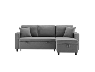 Canapé d'angle convertible 3 places en tissu gris foncé, méridienne réversible et rangement intégré