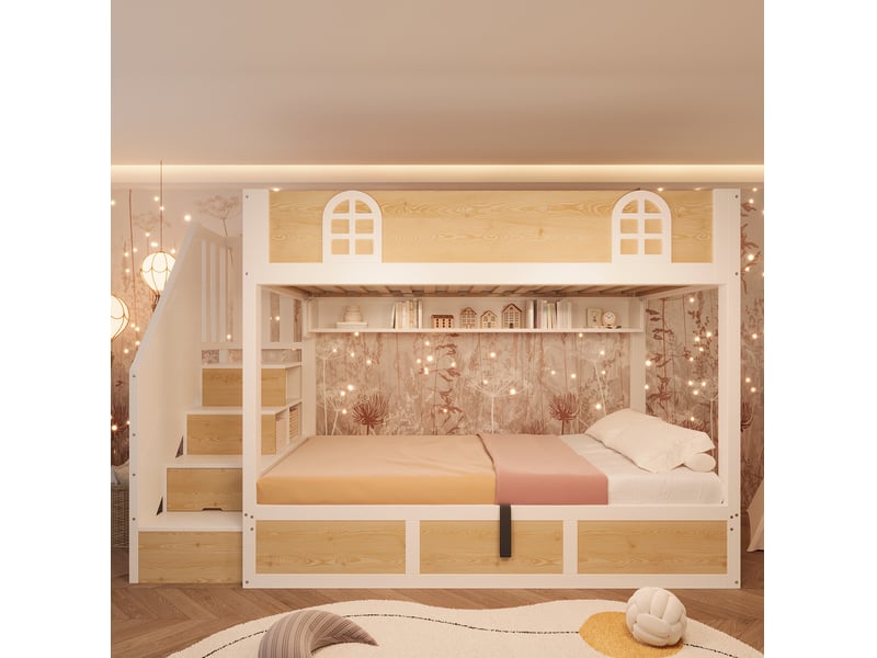 Lit superposé enfant 2x90x200 cm – blanc et naturel – escalier-rangement, coffre hydraulique sans matelas - Conforama B