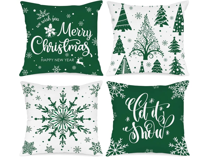  Lot de 4 housses de coussin de noël 45 x 45 cm, motif flocons de neige d'hiver, décoration de noël vert  - Conforama A