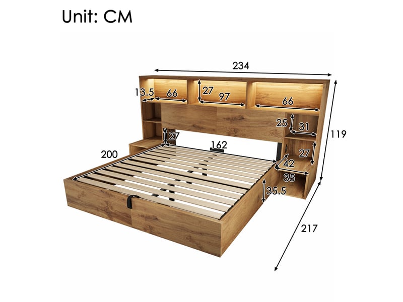 Lit coffre 160x200 cm, rangement hydraulique, 2 chevets intégrés, led 20 couleurs, 2 usb et 2 usb-c, sommier à lattes - effet chêne  - Conforama E