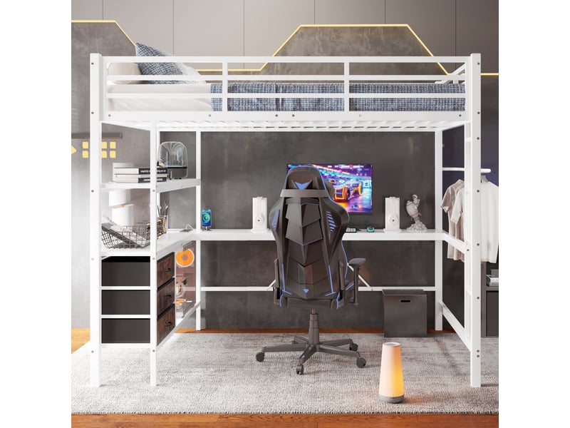  Lit mezzanine 140x200 cm avec led, bureau et tiroirs, mdf, blanc, sans matelas  - Conforama B