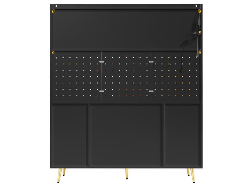 Buffet haut led avec pegboard, 2 tiroirs et portes coulissantes, 145x39x171 cm, mdfverre, noir  - Conforama E
