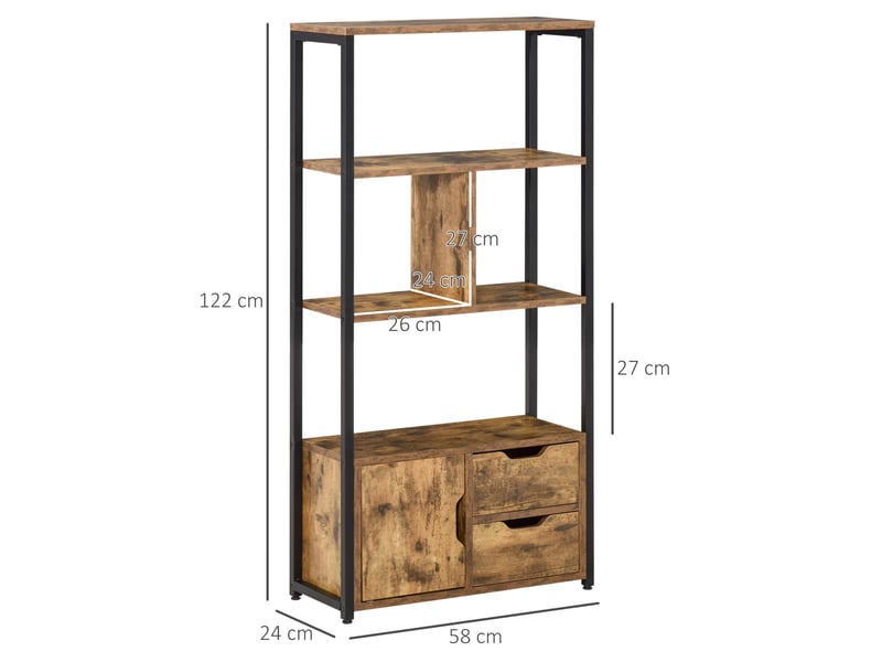  Bibliothèque de style industriel avec armoire et 2 tiroirs pour livres et rangement, 58 x 24 x 122 cm, marron rustique  - Conforama E