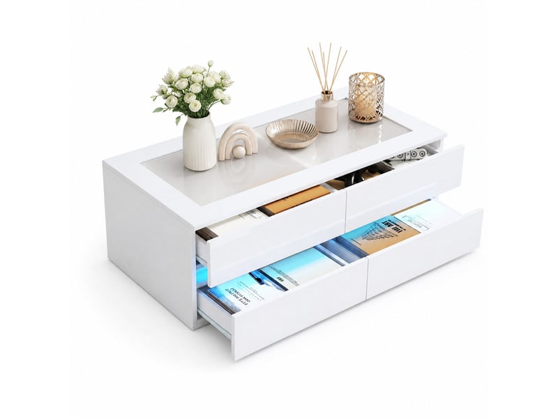  Table basse avec 4 tiroirs et éclairage led pour salon 100×50×40 cm en panneaux de particules blanc  - Conforama A
