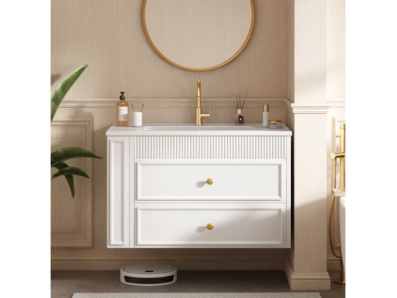  Meuble sous vasque suspendu 81x47x52 cm blanc avec lavabo en céramique  - Conforama B