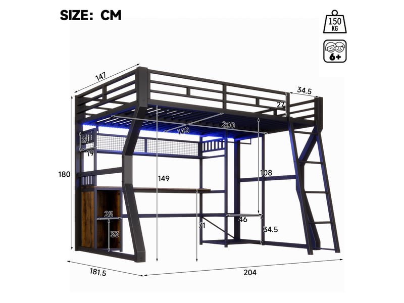  Lit mezzanine 140 x 200 cm, cadre en métal, led, prise, bureau, penderie, rangements, sans matelas, noir  - Conforama B