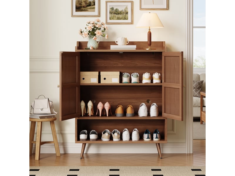  Meuble à chaussures 100cm noyer - meuble de rangement entrée avec portes rainurées et pieds en fer  - Conforama E
