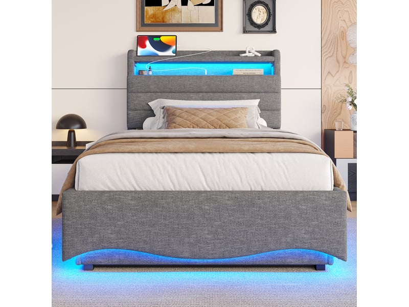  Lit coffre 90x200 cm en lin gris avec led, usb et type-c, tête de lit avec rangement  - Conforama D