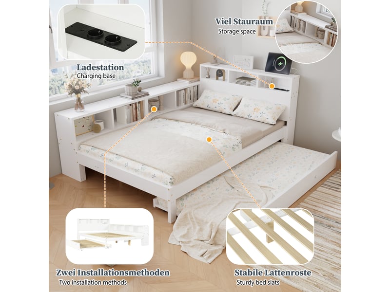Lit enfant fonctionnel 120x200cm - lit gigogne 90x190 - étagère latérale - station charge - blanc Seren Glow - Conforama D