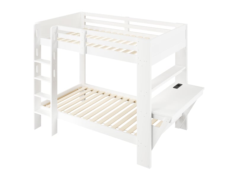  Lit superposé 90 x 200 cm en pin blanc avec bureau, étagères, prise, ports usb-ausb-c et éclairage led intégré  - Conforama A