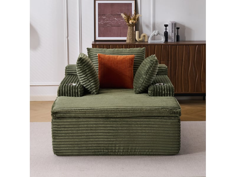  Canapé de sol 1 place en velours côtelé vert avec méridienne, 3 coussins et 1 plaid, sans montage pour votre salon  - Conforama E