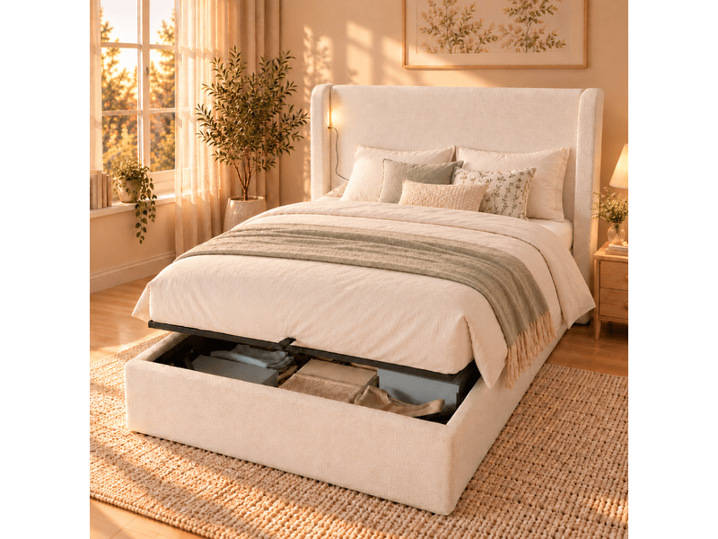  Lit coffre enfant 90x200cm avec rangement hydraulique, tête de lit rembourrée, led, ports usb et type-c, sommier à lattes, tissu bouclé, beige  - Conforama E