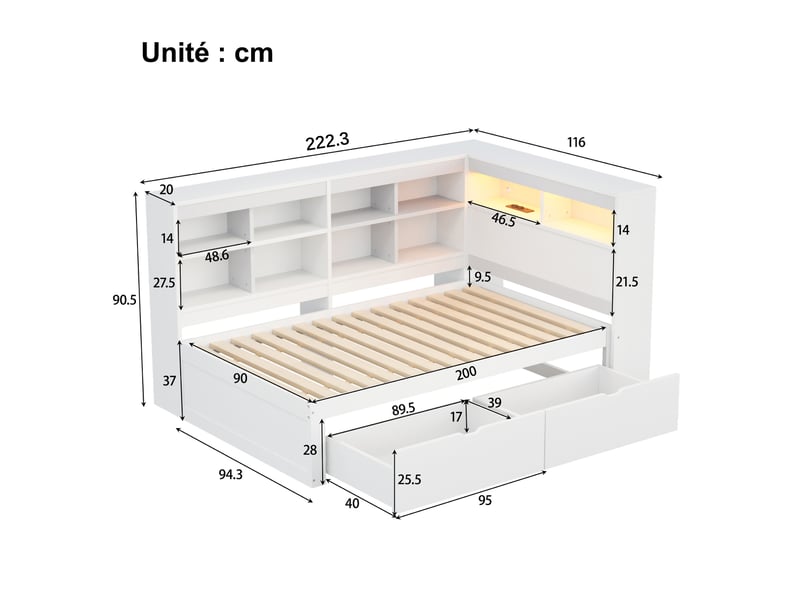 Canapé convertible lit simple avec rangements, tiroirs, prise usb et éclairage led, bois blanc, 90 x 200 cm  - Conforama D