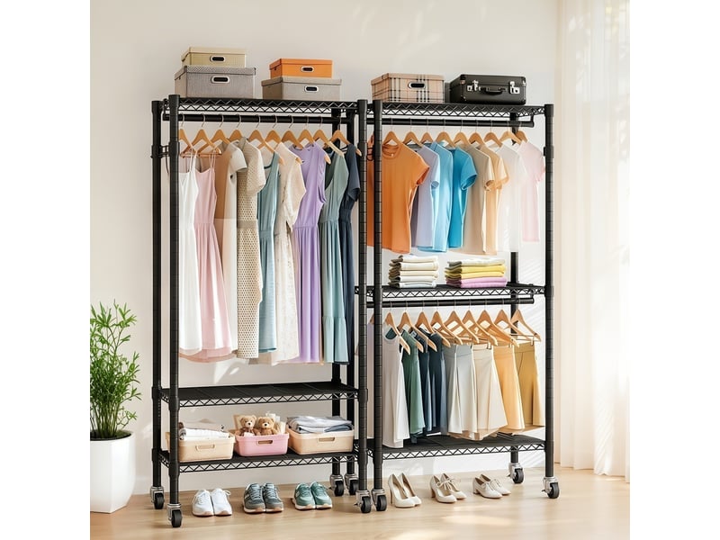  Portemanteau mobile en métal noir avec roulettes et étagères ajustables  - Conforama W