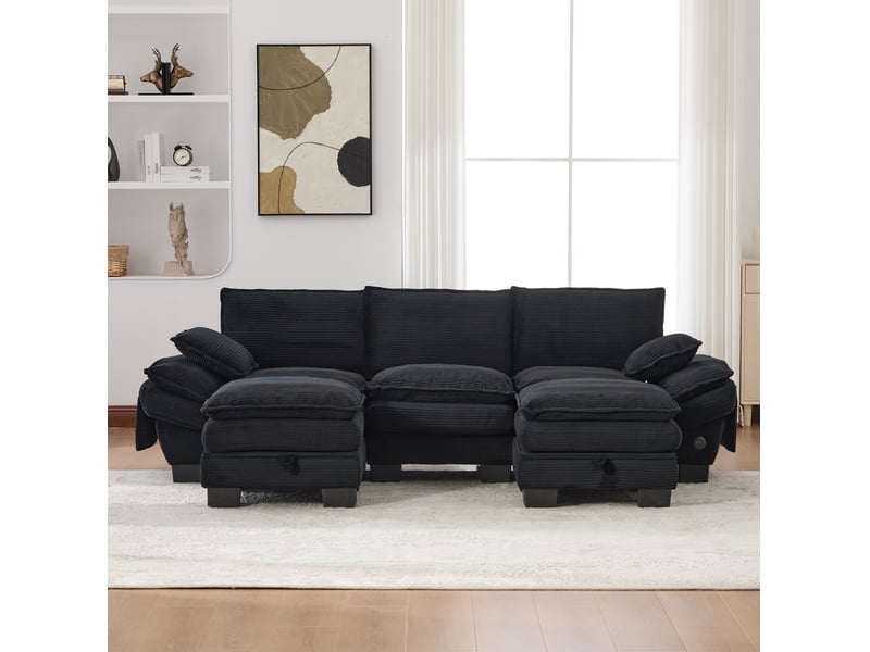 Canapé modulable 3 places en velours côtelé noir avec 2 poufs, port usb-c et poches latérales - Conforama D
