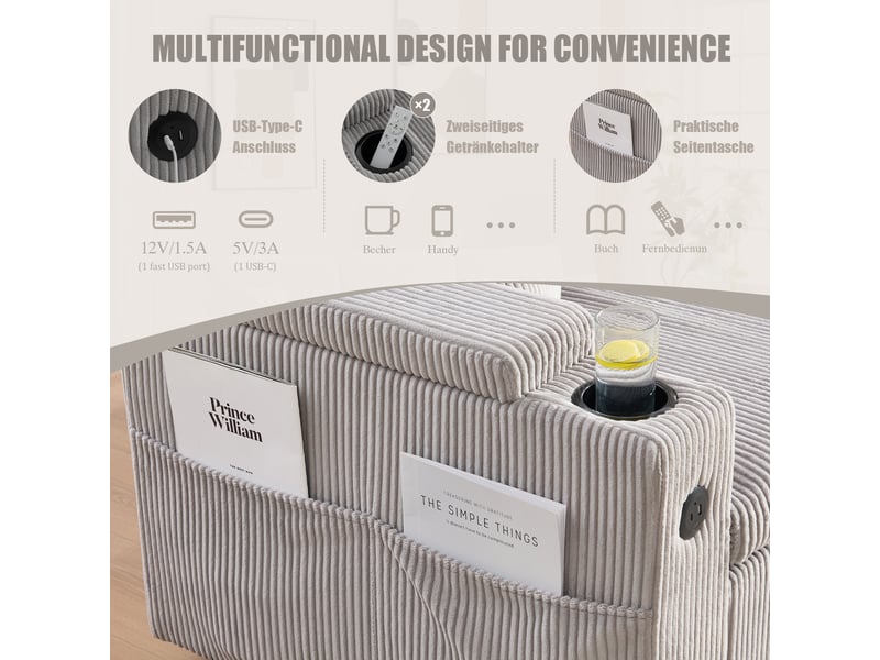  Méridienne hydraulique 3 places avec coffre de rangement et usb-c, tissu côtelé gris clair  - Conforama D