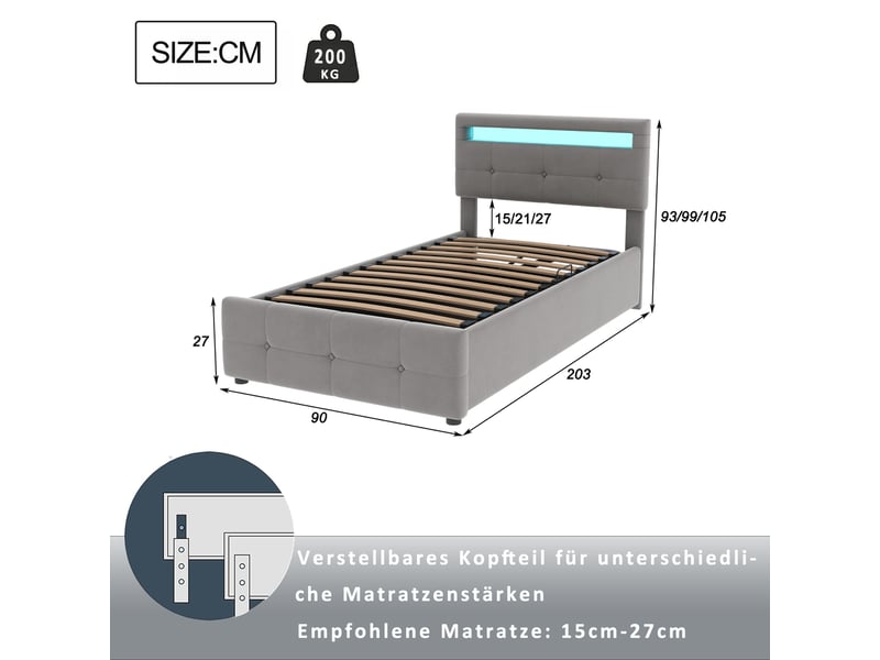  Lit coffre enfant 90x200 cm gris velours mdf et métal avec éclairage led tête de lit réglable rangement hydraulique Sol Morn - Conforama C