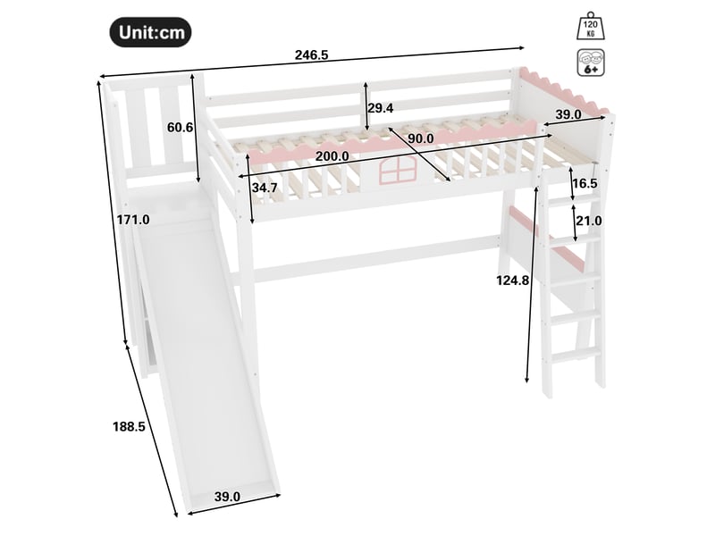  Lit surélevé 90x200cm blanc, led, toboggan, trois étagères, structure en pin, certifié en747, sans matelas  - Conforama B