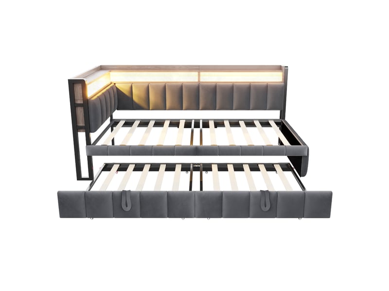  Lit gigogne 90 × 200 cm led, usb et usb-c en velours - gris foncé C-CRAFTLINK - Conforama E