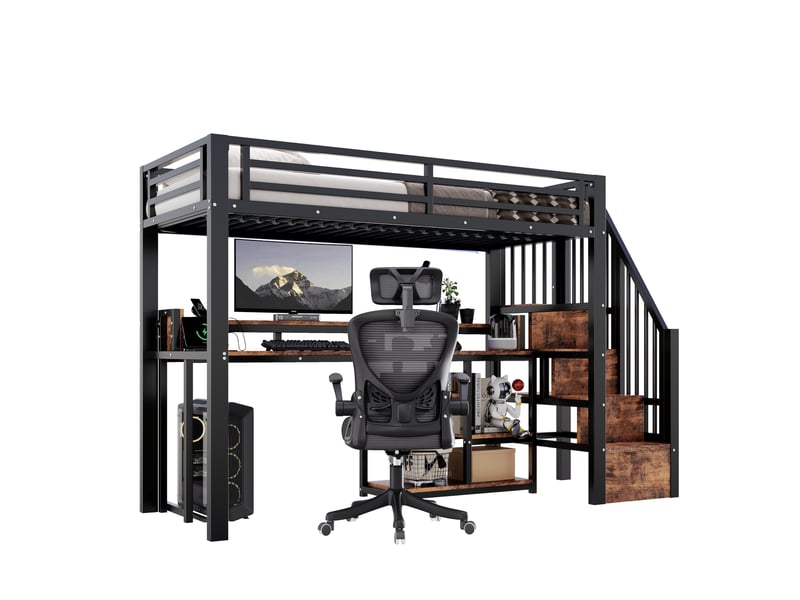  Lit mezzanine 90x200 cm avec escalier de rangement, led et usb-c noir  - Conforama A