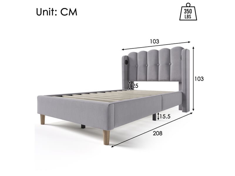  Lit rembourré simple 90x200 cm en lin gris avec usb type-c, tête capitonnée, sommier à lattes et matelas inclus  - Conforama B