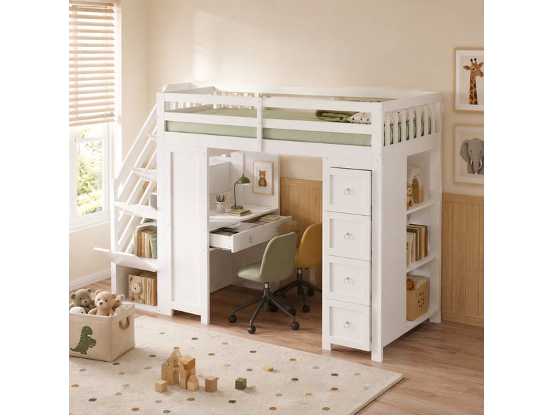  Lit enfant mezzanine rangement bureau 90x200 bois avec tiroirs et etageres homvra  - Conforama C